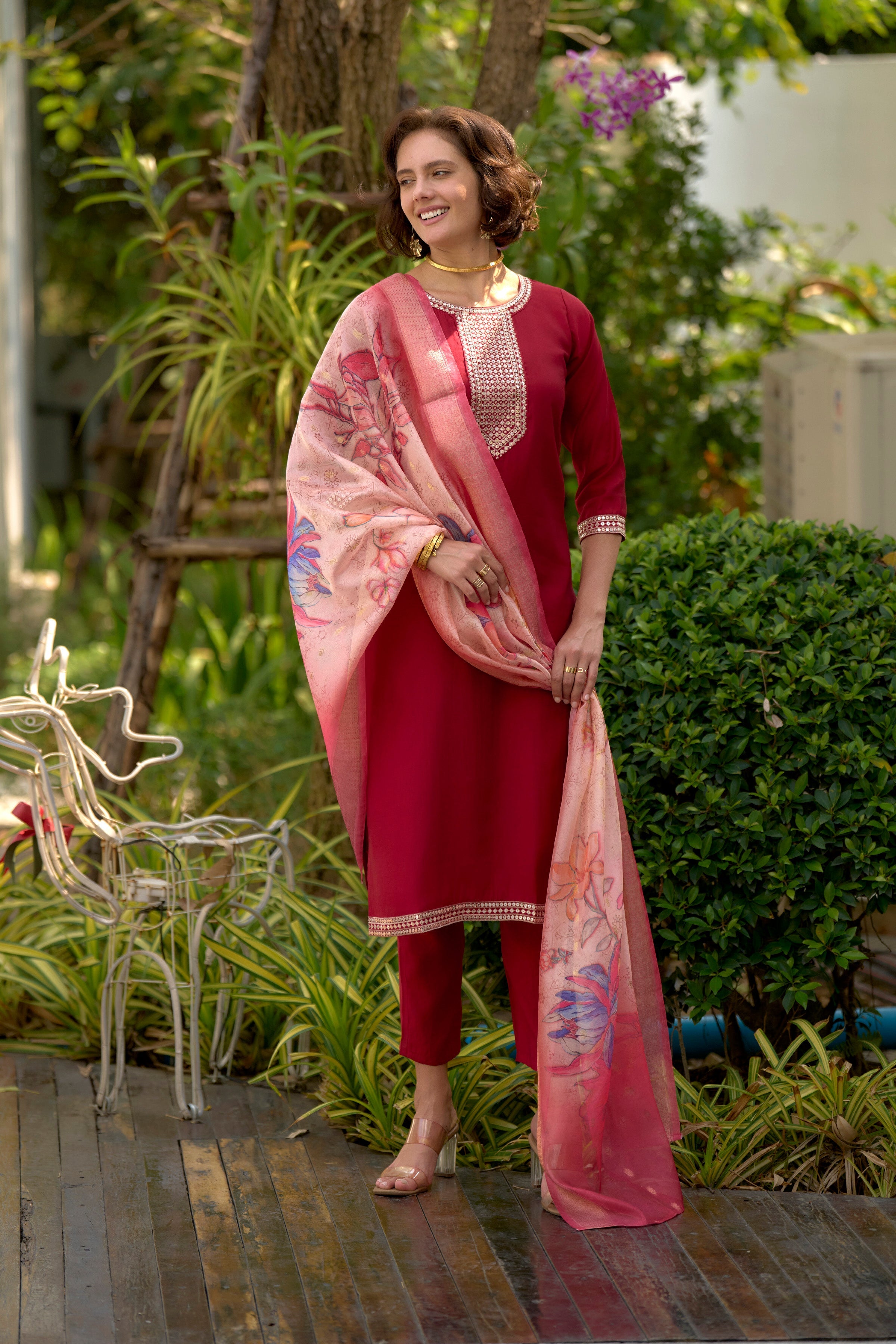 Red Roman Kurti Set with 3/4 Sleeves and Organza Jacquard Printed Dupatta with Pocket Pant